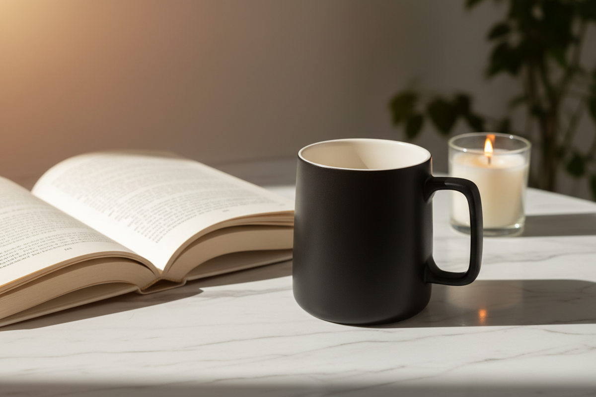 Everlastea mug with book and candle