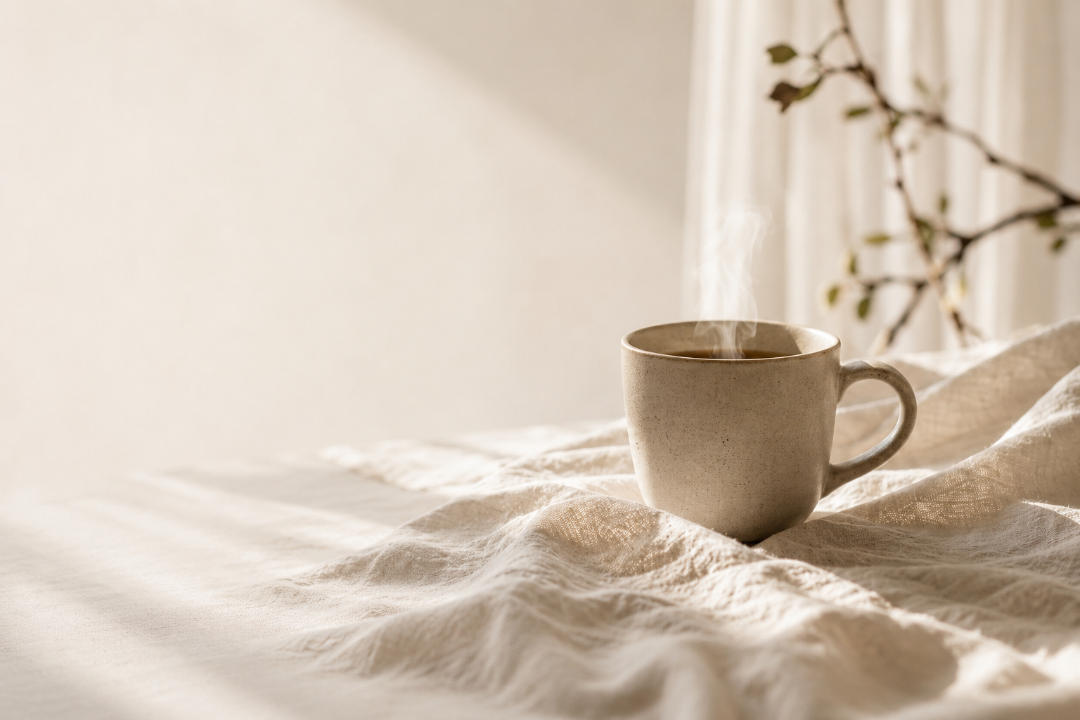 Beige ceramic mug on a textured surface with soft lighting