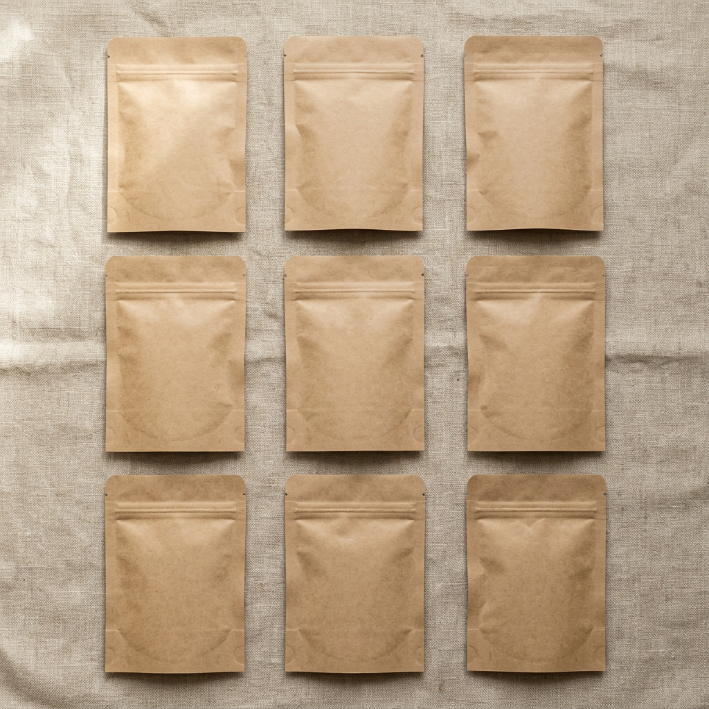 Nine blank brown kraft paper stand-up pouches arranged in a 3x3 grid on a textured beige linen fabric background.