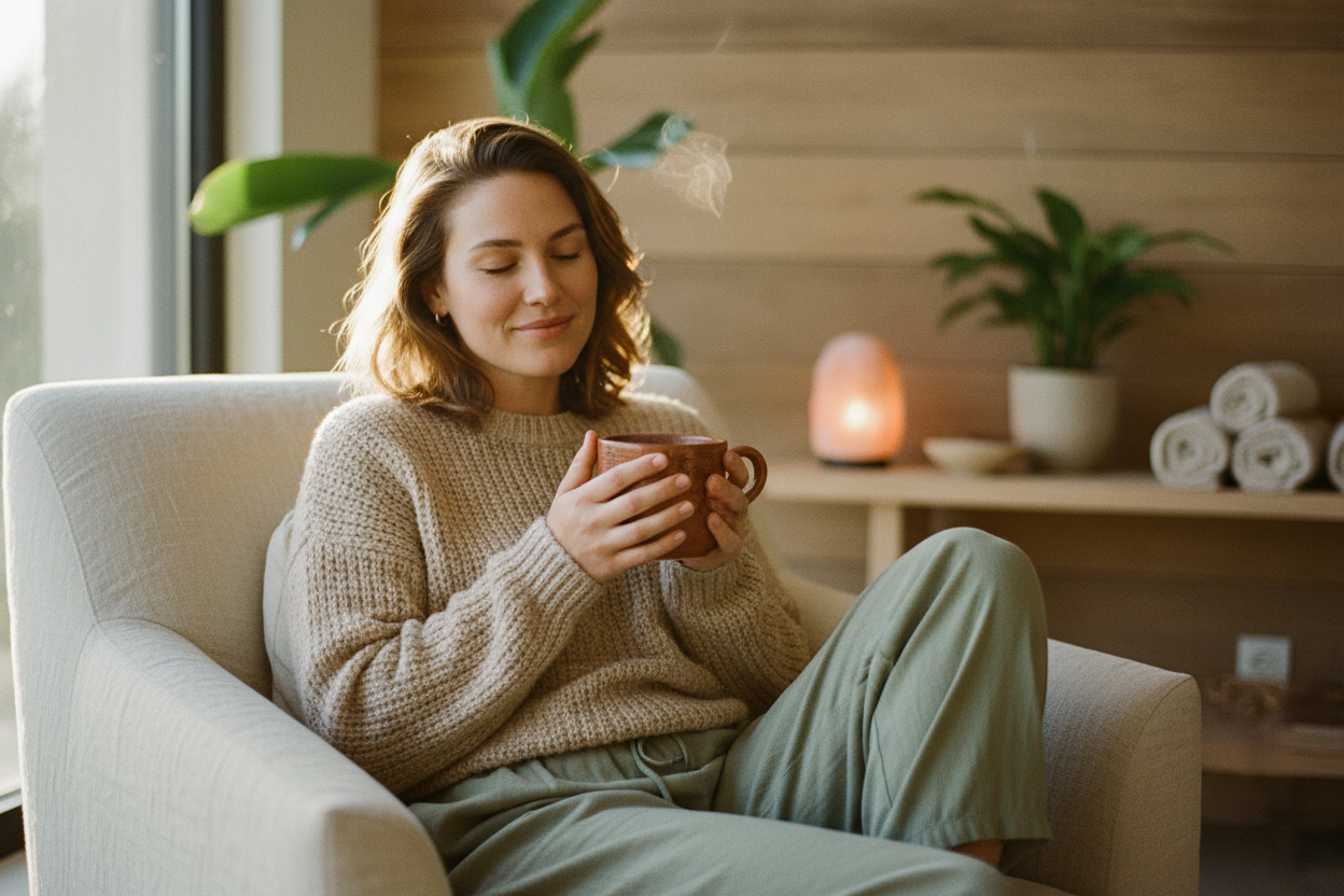 A woman sits in a light beige armchair, holding a brown ceramic mug with steam rising. She is wearing a beige knit sweater and sage green pants in a cozy, warmly lit room with wooden walls, a glowing salt lamp, and potted plants.