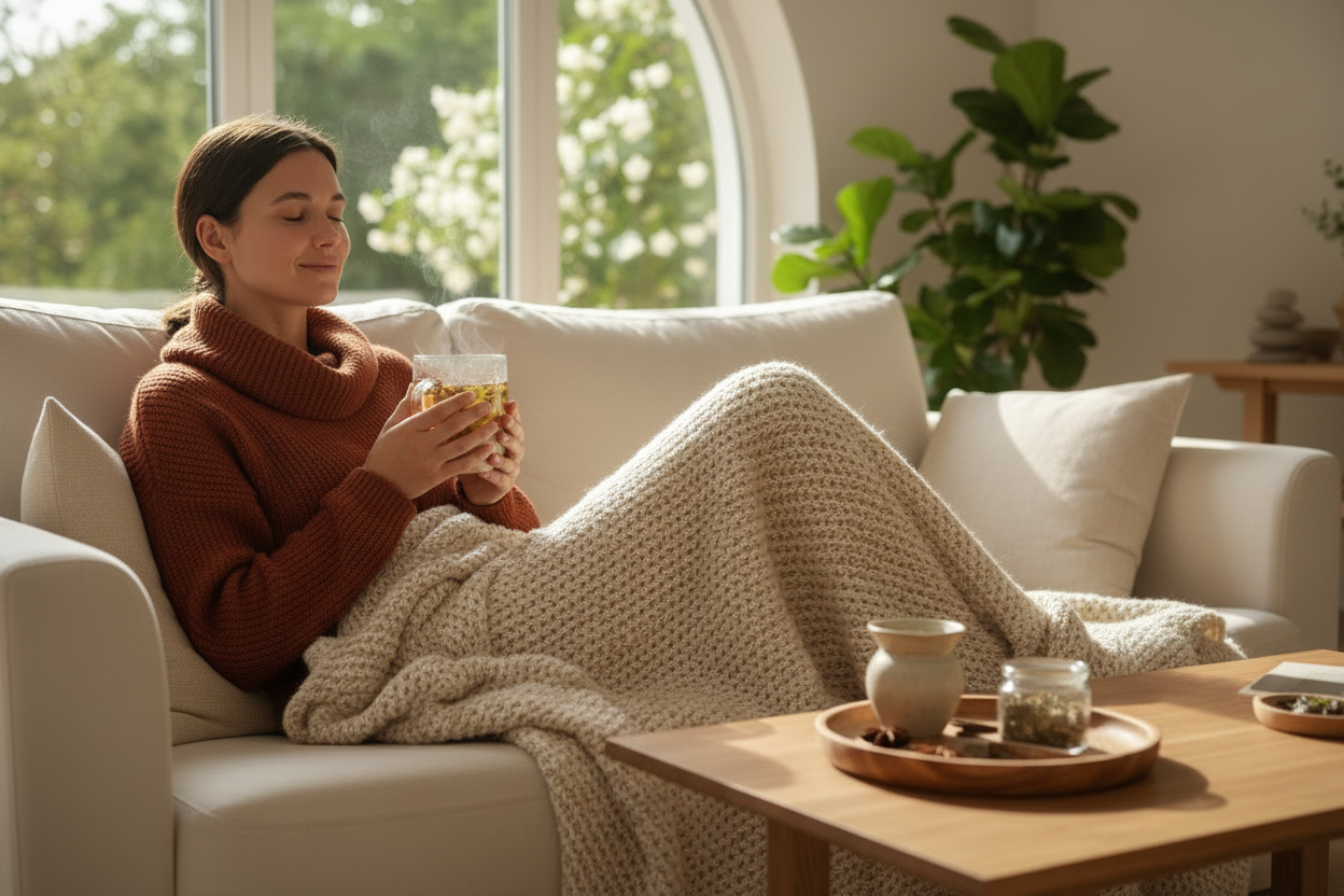 A woman relaxes on a cream sofa in a bright living room, wrapped in a chunky knit beige blanket and holding a glass mug. She wears a rust-brown cowl-neck sweater.