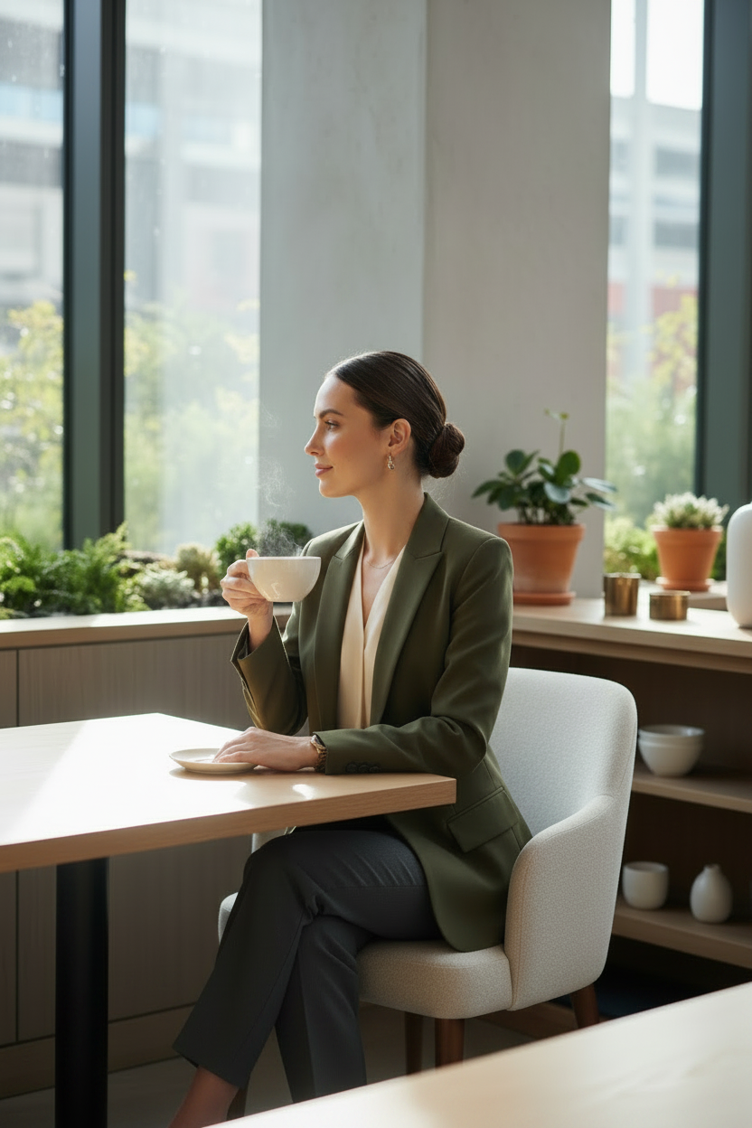 A woman sits at a light wood table in a bright modern cafe, wearing an olive green blazer, cream blouse, and dark gray trousers while holding a white ceramic cup.