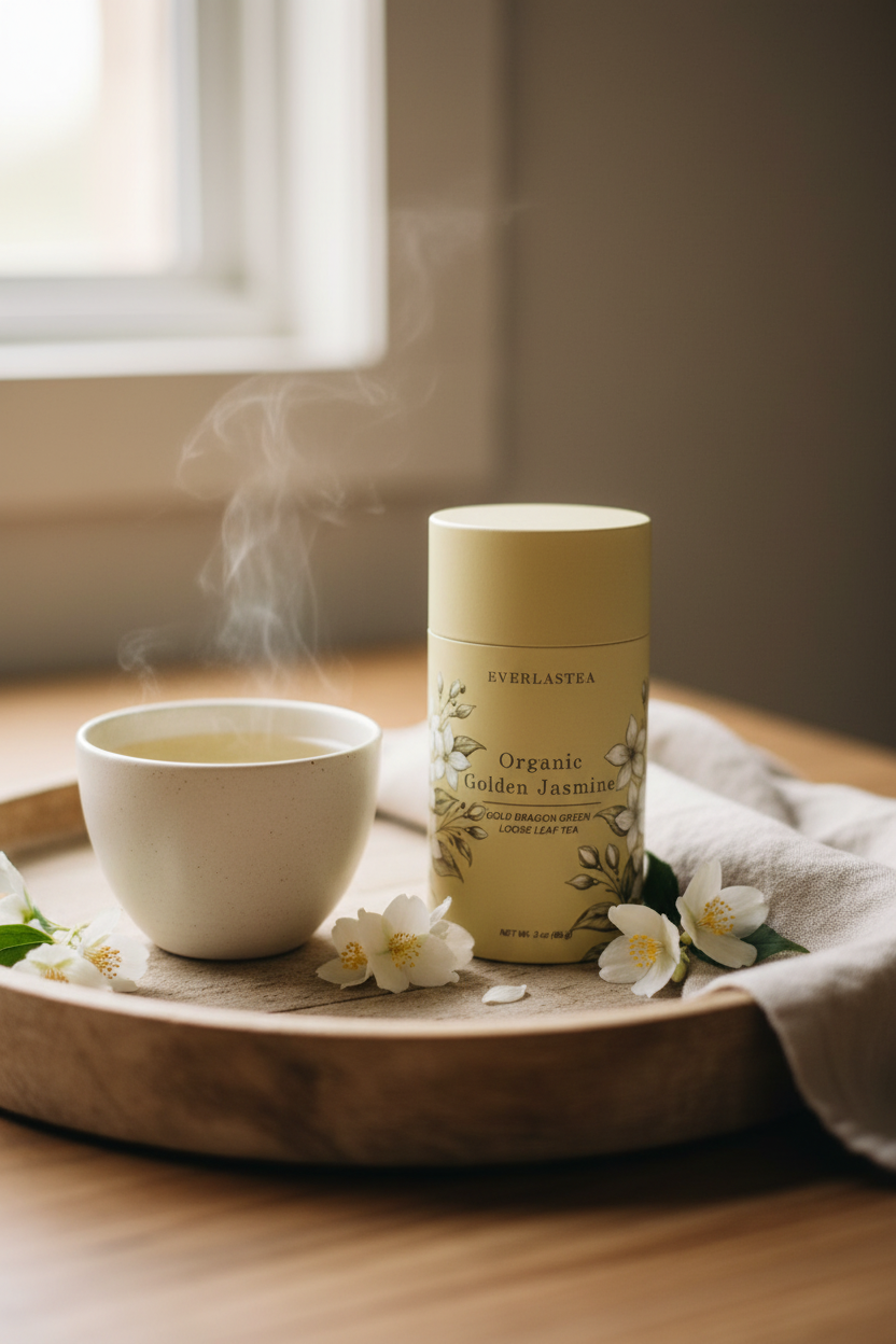 A cylindrical paper canister of Everlastea Organic Golden Jasmine tea sits on a wooden tray beside a white cup of tea with visible steam, decorated with white jasmine flowers on a neutral background.