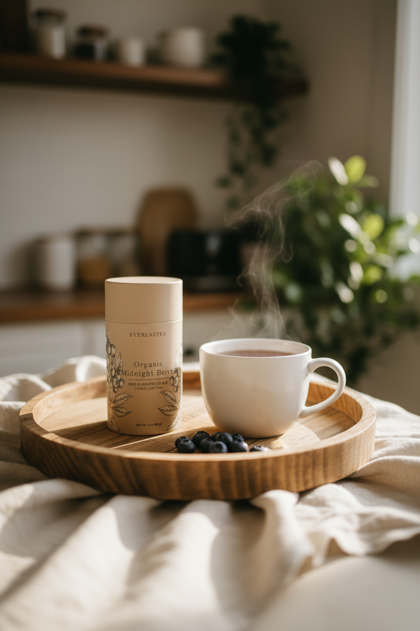 A steaming white ceramic mug sits on a round wooden tray beside a beige cylindrical canister with botanical-style illustration and the text 'Everlastea' and 'Organic Midnight Blueberry'. Blueberries rest in front on a draped cream fabric, with a softly blurred indoor background and greenery.