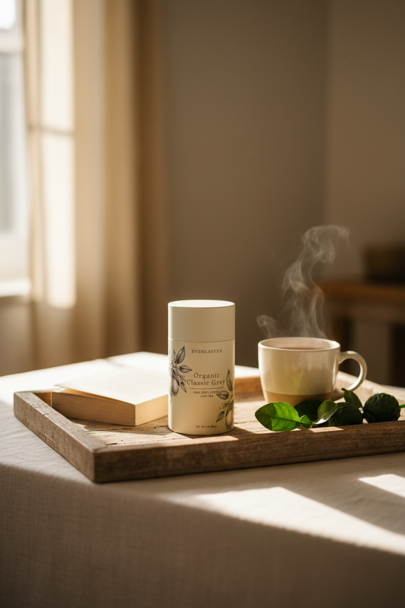 A cream-colored cylindrical tin labeled 'Organic Classic grey Tea' sits on a rustic wooden tray next to a steaming mug, a book, and green leaves, set in a warmly lit room.