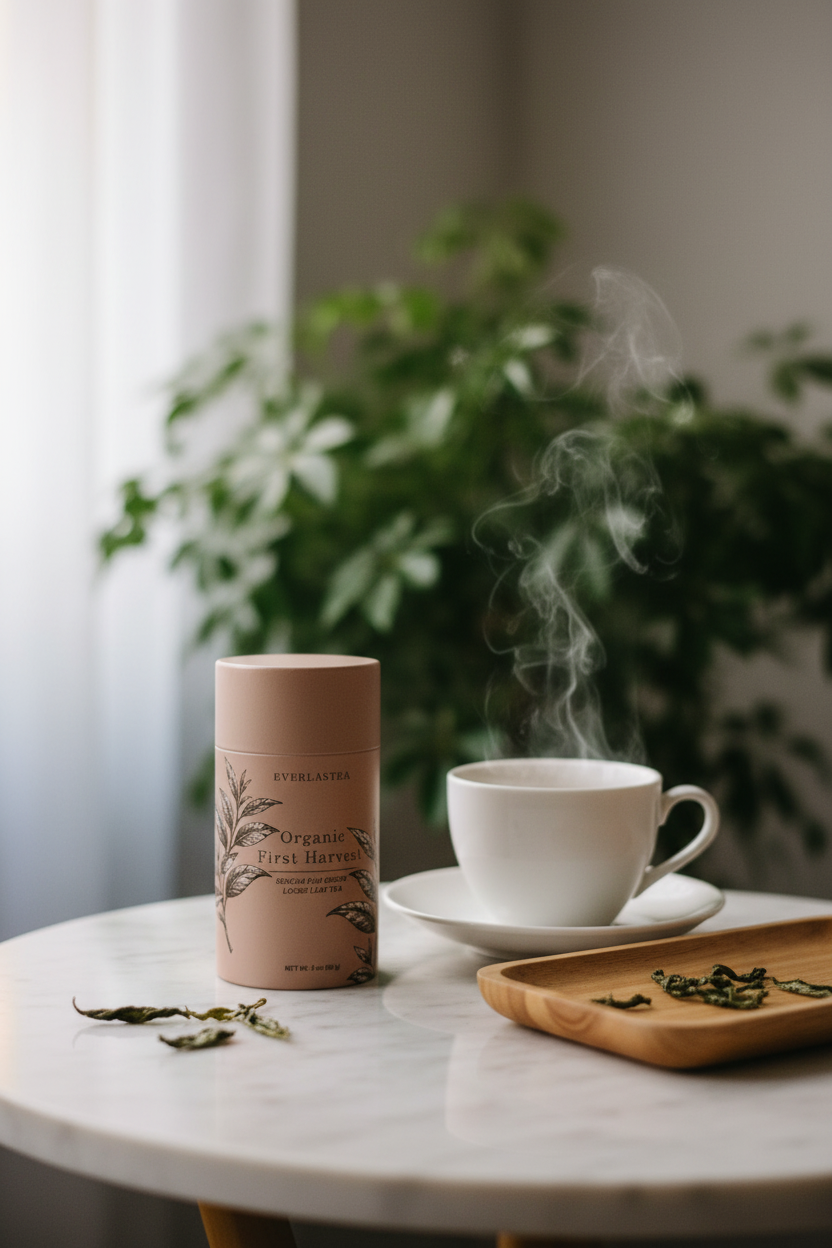 A pink cylindrical canister of Everlastea Organic Sencha Fuji sits on a white marble table next to a white ceramic cup of steaming tea and a wooden tray with dried herbs, with a blurred green plant in the background.