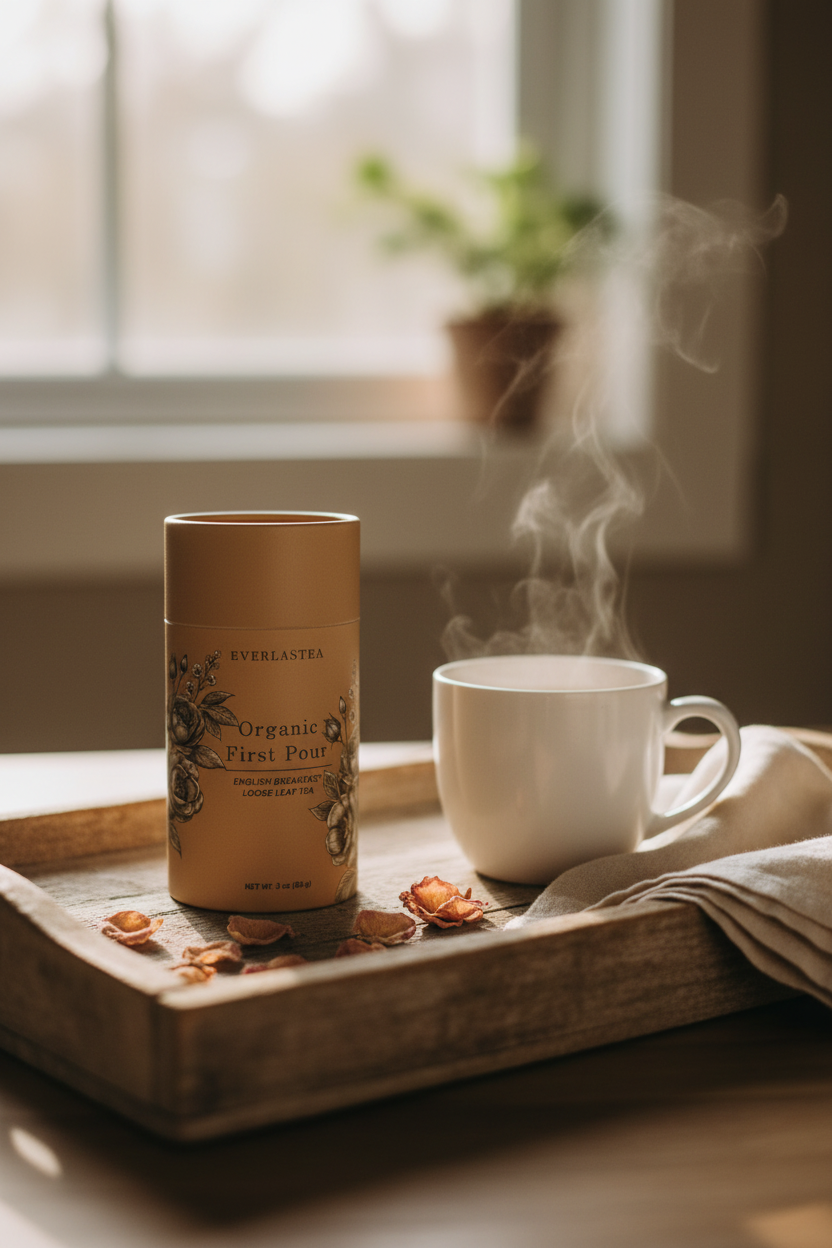 A paper cylindrical of Everlastea Organic First Pour tea sits on a wooden tray beside a white mug with rising steam, set in a softly lit room near a window.