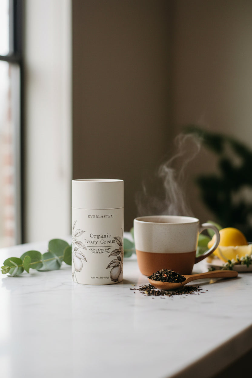 A white cylindrical tube of Everlaeta Organic Ivory Cream stands on a white marble countertop beside a ceramic mug with steam rising, a wooden spoon with loose cream, and a lemon slice in a softly lit interior setting.