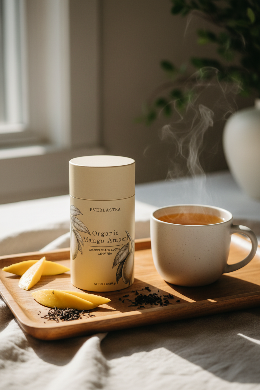 A cylindrical tea tin labeled Everlastea Organic Mango Amber sits on a wooden tray beside a white mug of steaming tea, with mango slices and loose tea leaves nearby in a softly lit indoor setting.
