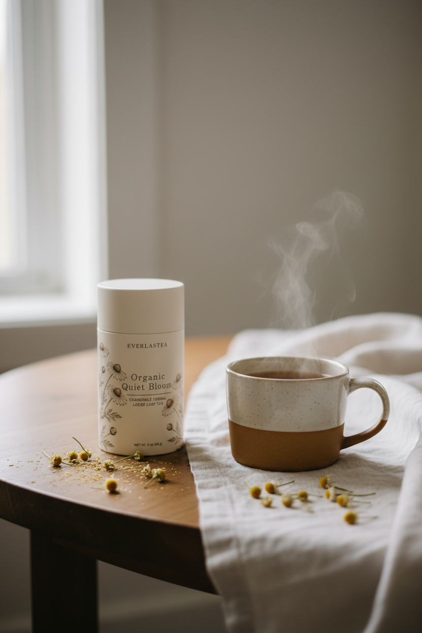 A white cylindrical canister of Everlastea Organic quiest bloom sits on a wooden table beside a ceramic mug filled with tea and emitting steam, with dried flowers scattered nearby in a softly lit indoor setting.