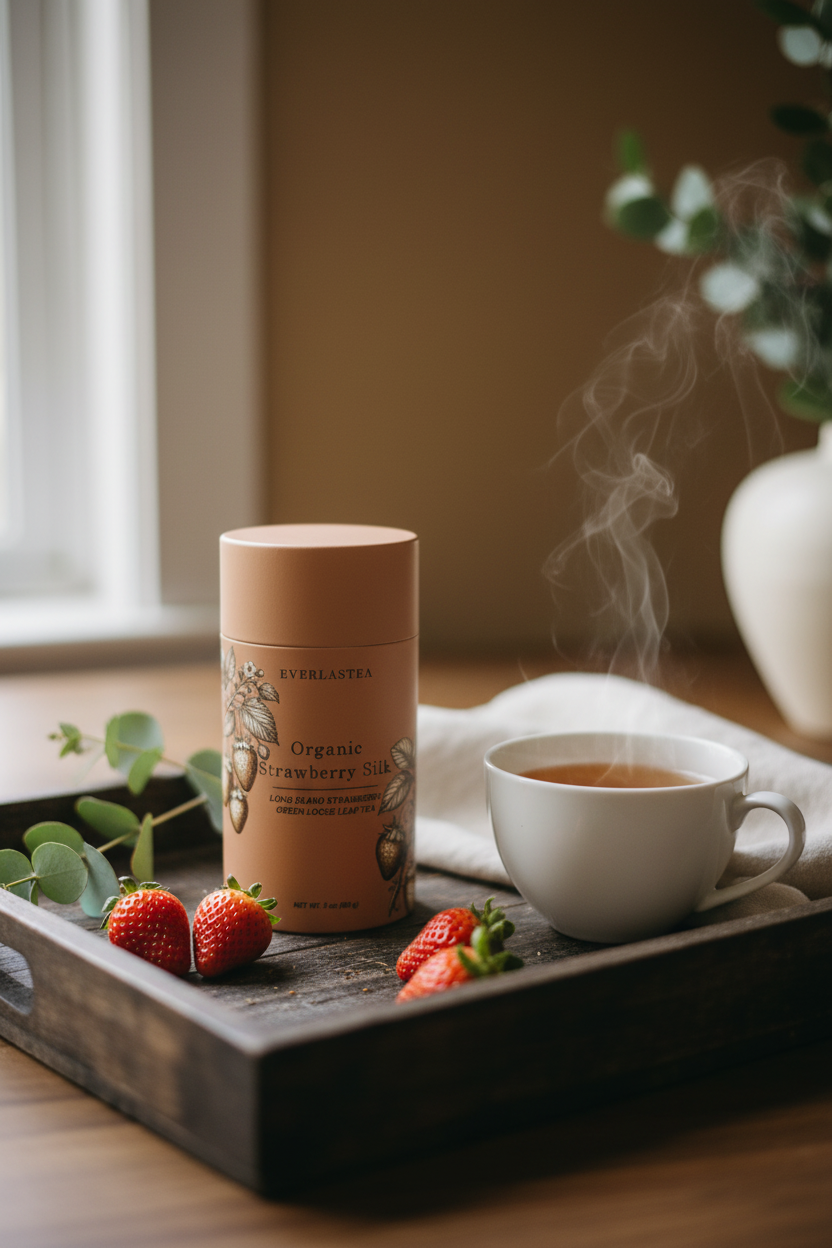 A cylindrical canister of Everlastea Organic Strawberry Silk tea sits on a dark wooden tray next to a white mug of steaming tea, with fresh strawberries and green leaves around it.