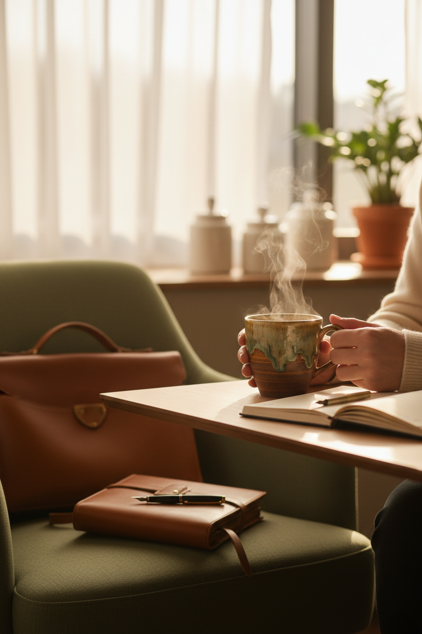 A person holds a steaming ceramic mug of Everlastea at a wooden table in a softly lit indoor setting. A brown leather bag rests on the chair beside them, with an open notebook and pen on the table and a potted plant in the background near a window.