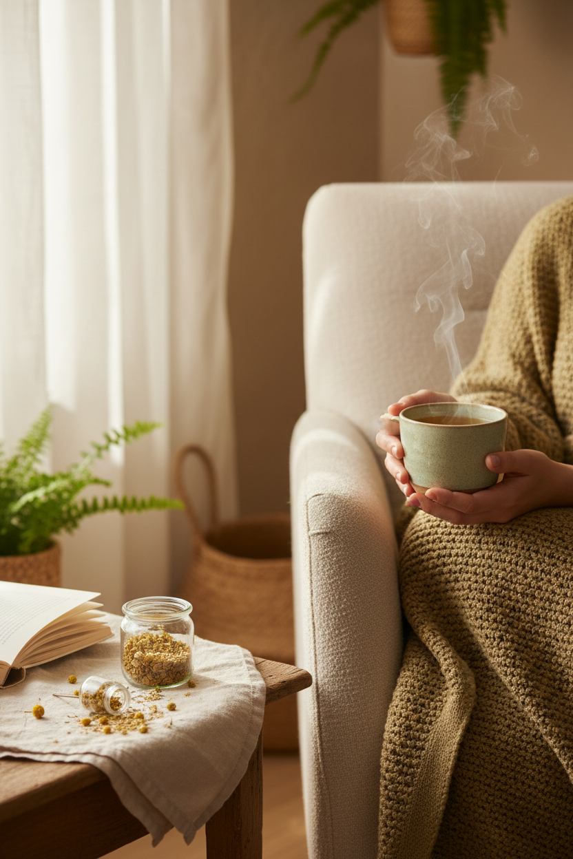 A person wrapped in a chunky knit beige blanket holds a light green ceramic mug with rising steam in a cozy armchair. A small table beside the chair holds an open book, a jar of loose herbal tea, and scattered tea leaves, with soft sunlight and curtains in the background.