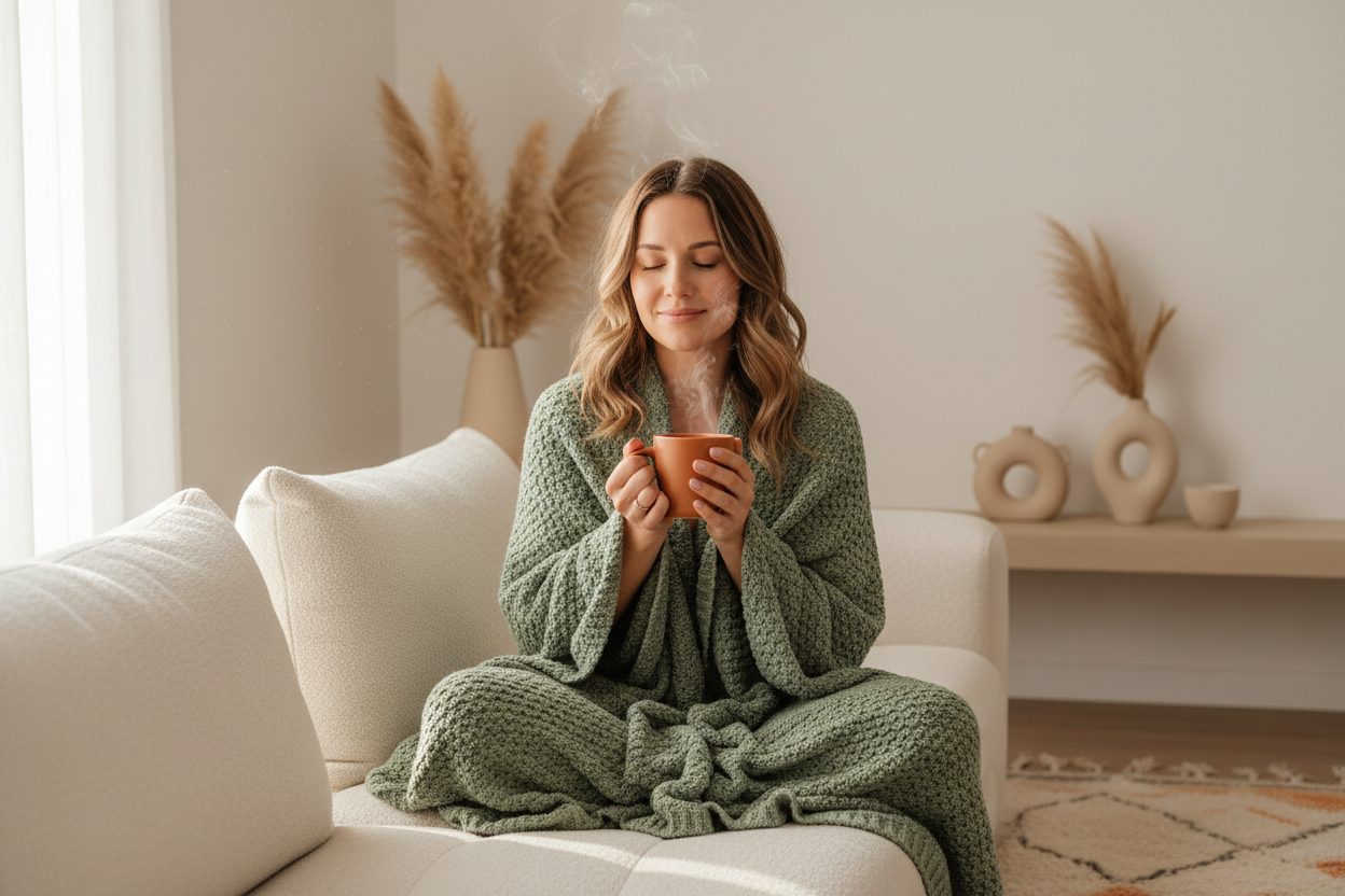 A woman sits on a cream sofa in a bright, neutral-toned living room, wrapped in a chunky sage green knit blanket and holding a small everlastea mug. Decorative pampas grass and ceramic vases sit on a side table in the background.