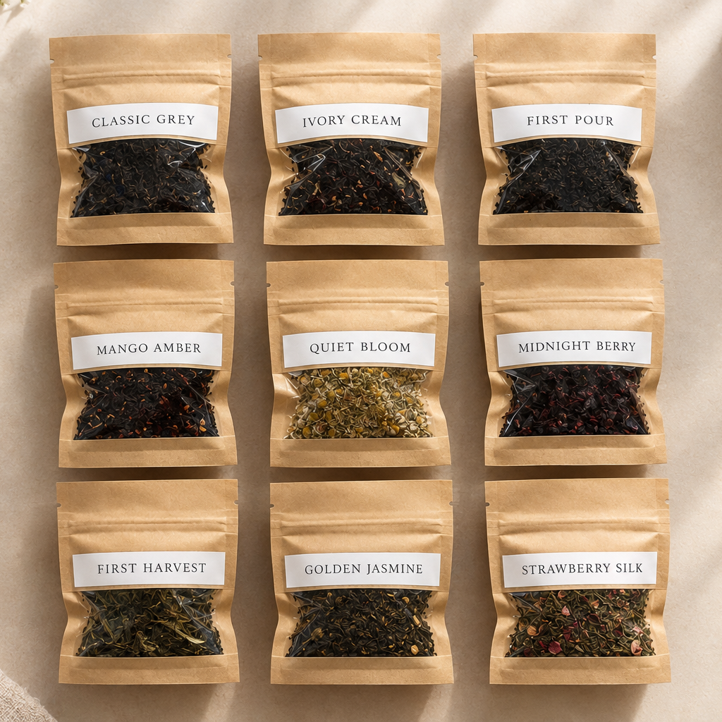 Nine small kraft paper tea bags arranged in a 3-by-3 grid on a light fabric surface, each labeled with a different tea variety: Classic Grey, Ivory Cream, First Four, Mango Amber, Quiet Bloom, Midnight Berry, First Harvest, Golden Jasmine, and Strawberry Silk. A cup of tea, flowers, and a bowl of loose tea are placed around the bags as styled props.