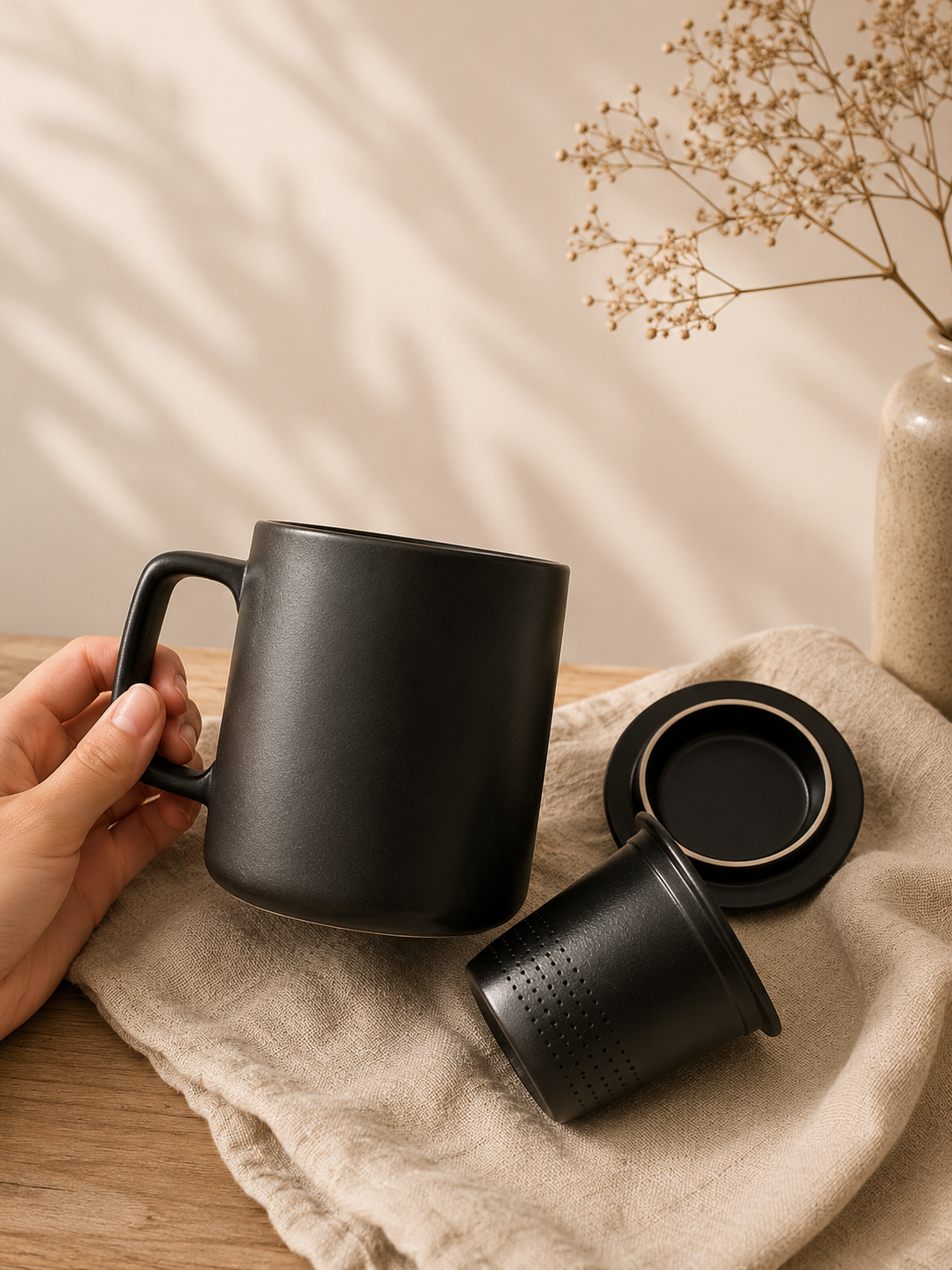Black ceramic mug with a matching tea infuser held by a hand on a wooden surface.