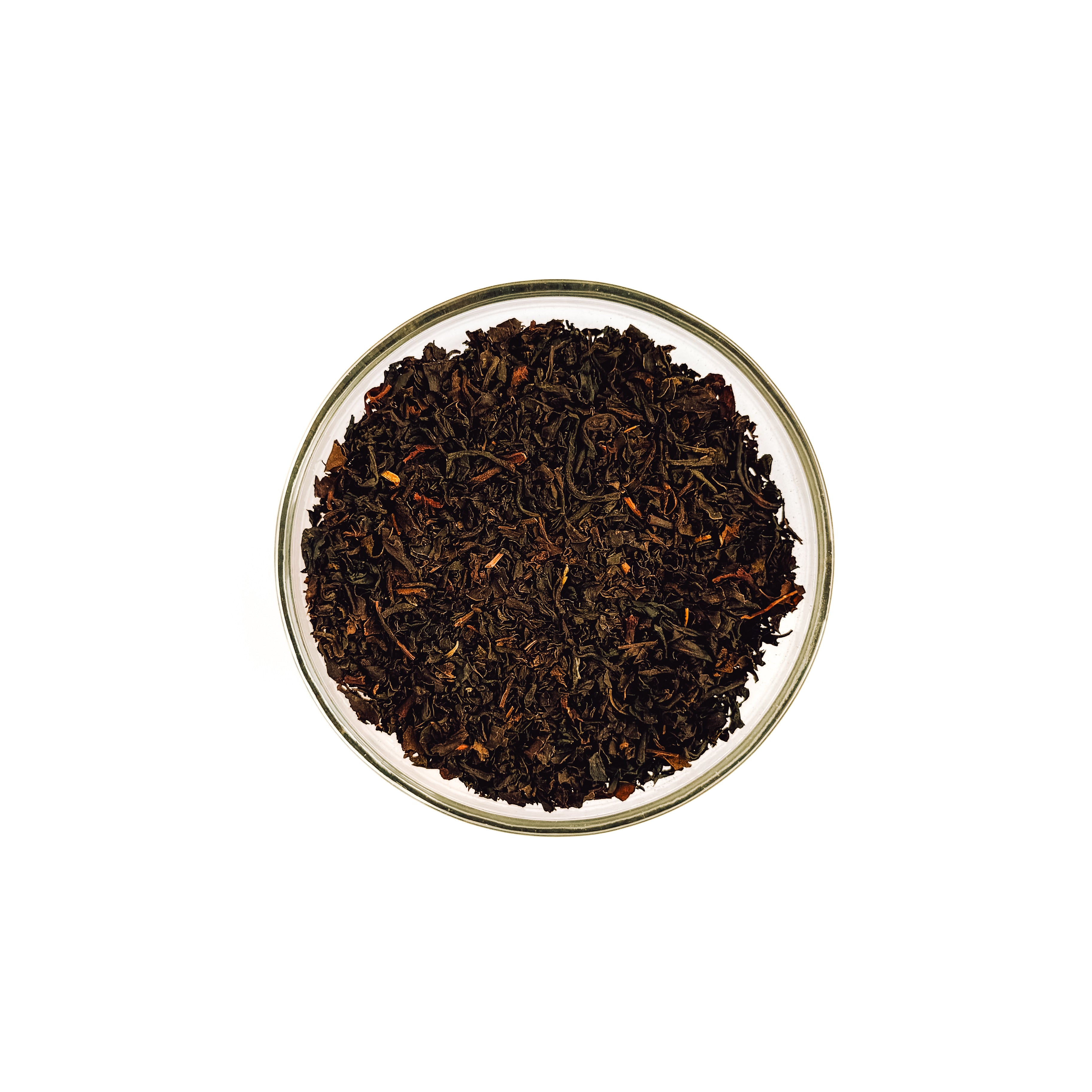 Everlastea Organic Earl Grey loose leaf tea in a glass bowl.