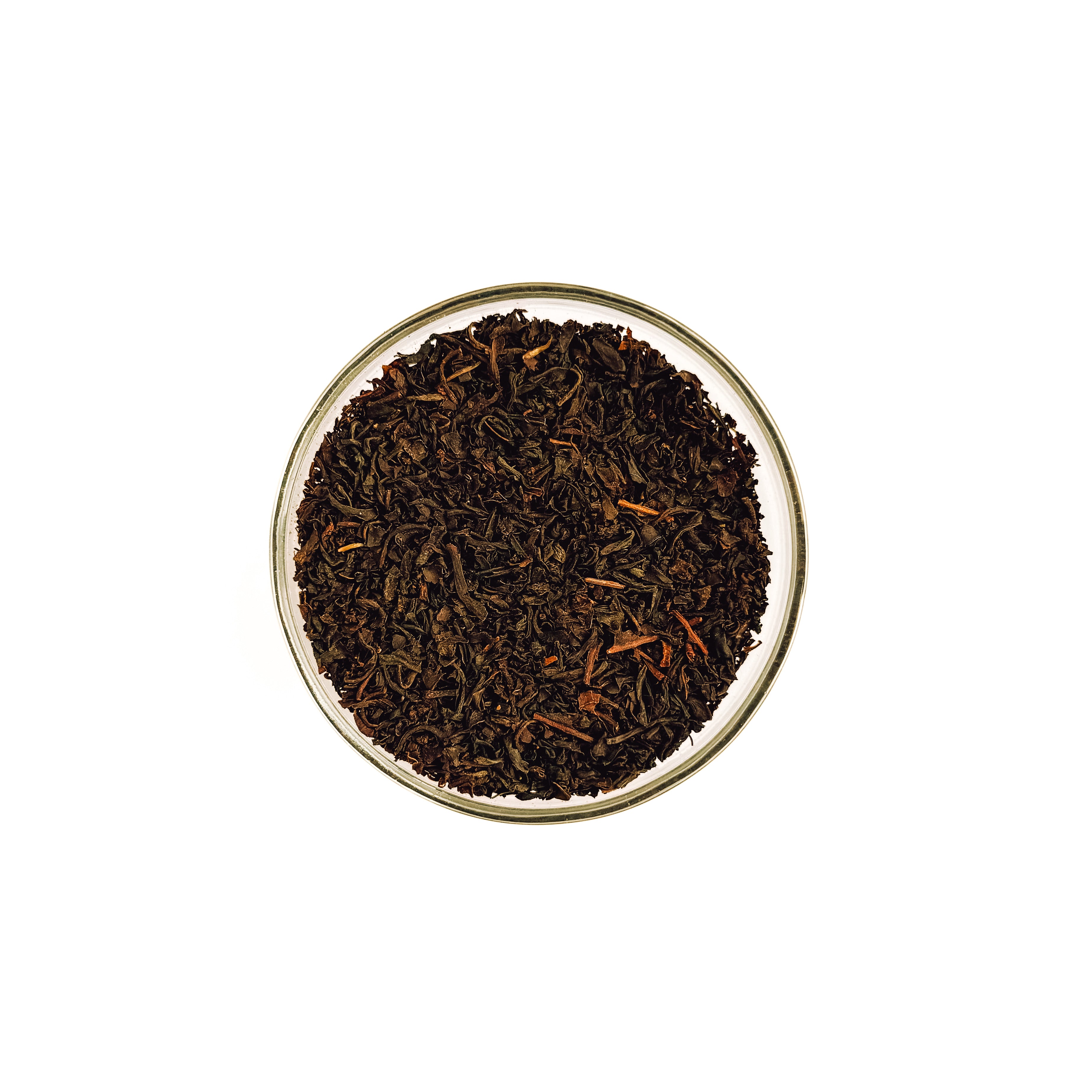 Everlastea Organic English Breakfast loose leaf tea in a glass bowl.