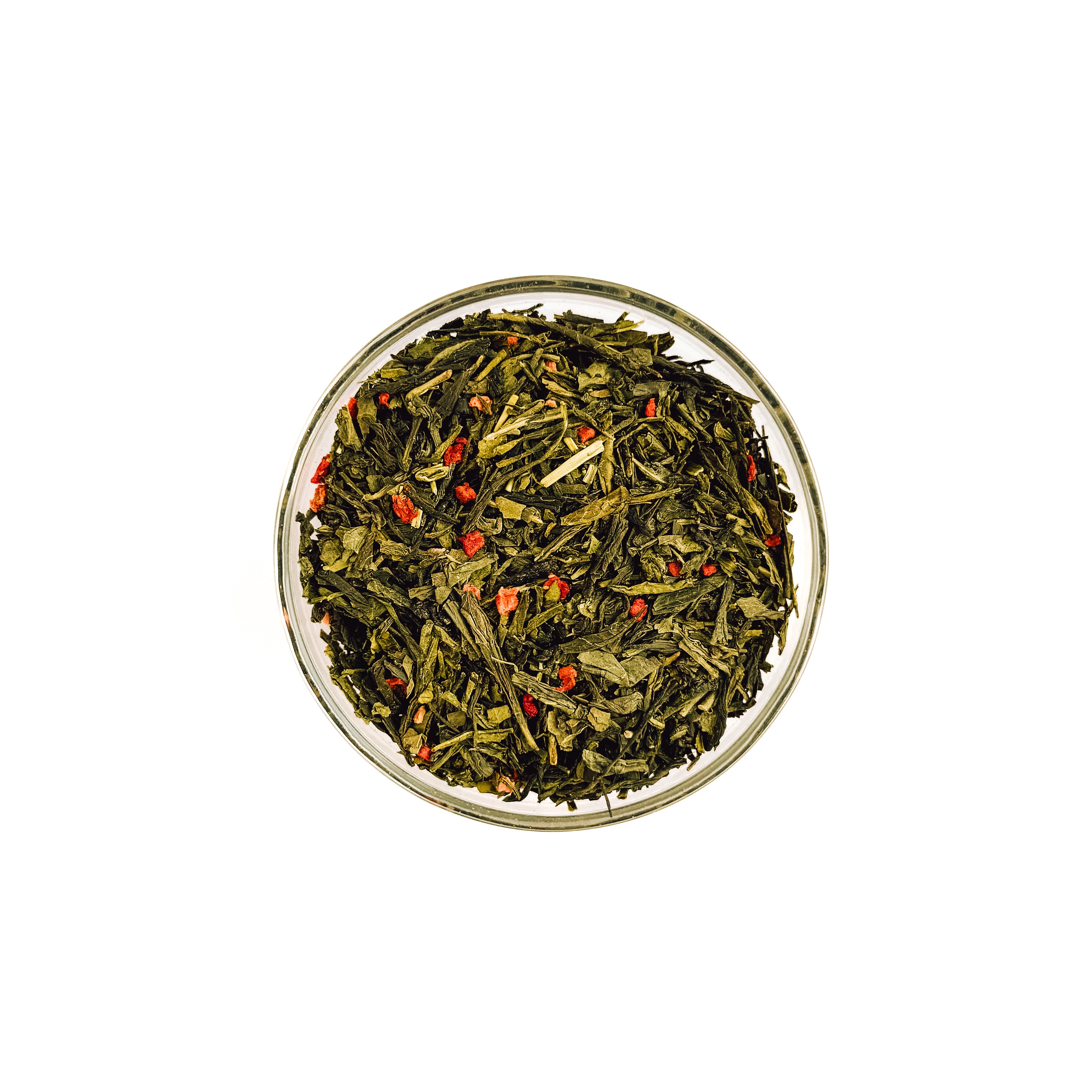 Everlastea Organic grreen Long Island strawberry loose leaf tea in a glass bowl.