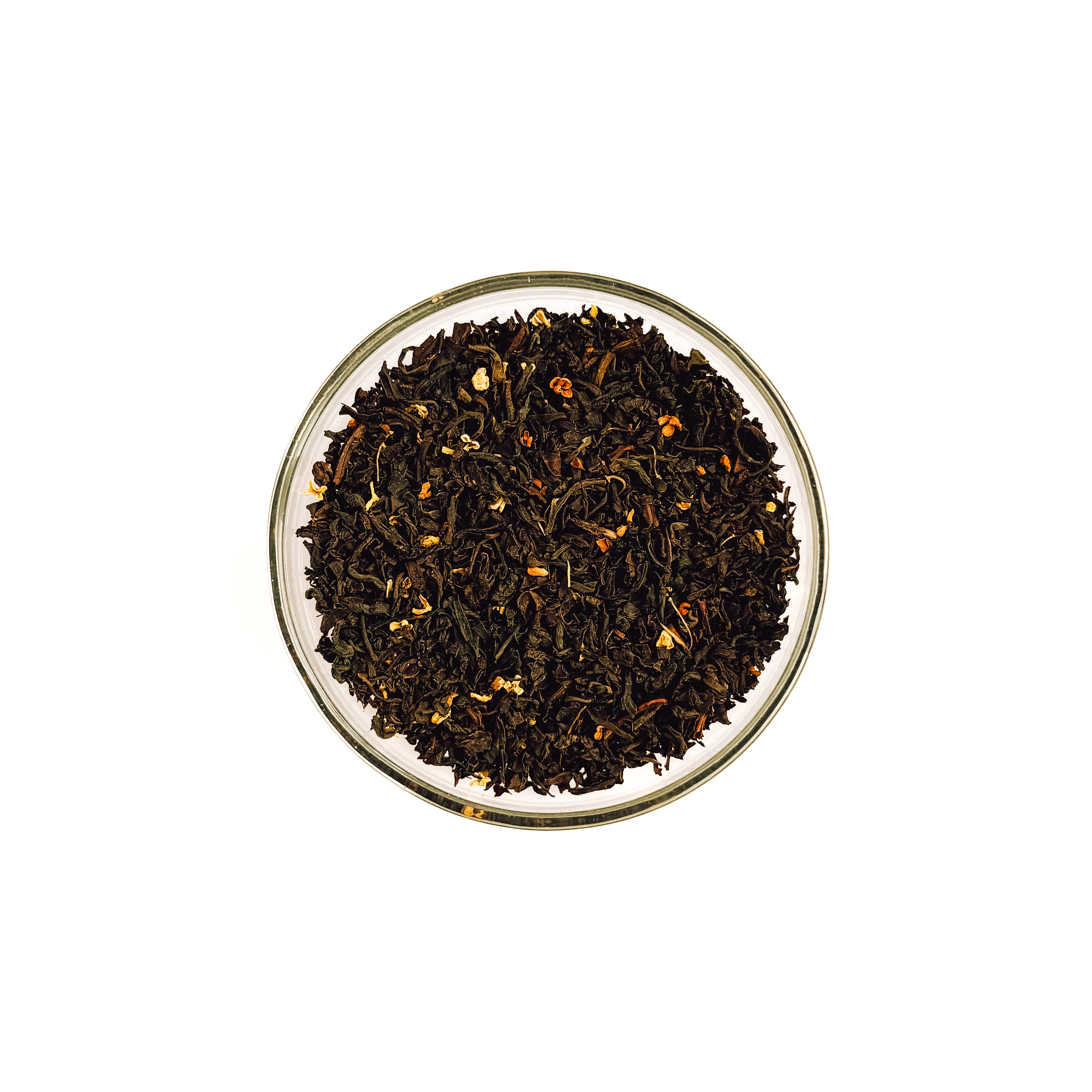 Everlastea Organic Cream Earl Grey loose leaf tea in a glass bowl.