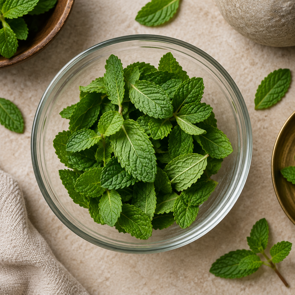 Everlastea peppermint loose leaf tea in a glass bowl