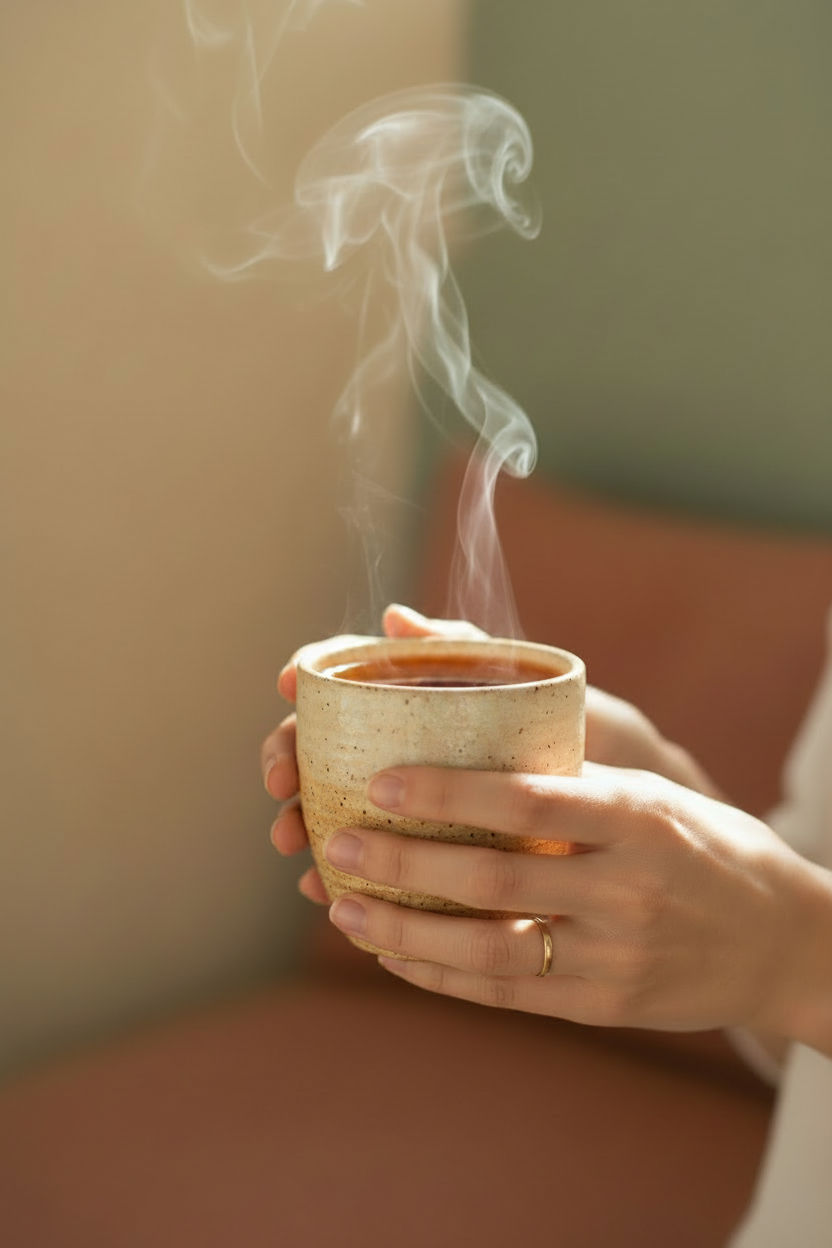 A close-up of a person's hands holding a small, rustic speckled ceramic cup filled with a hot beverage, with visible steam rising. The background is a softly blurred warm-toned indoor setting.