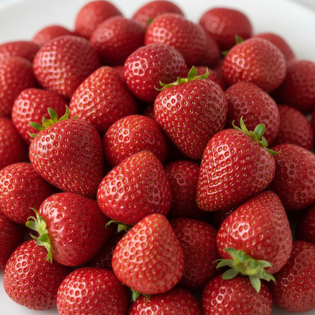 A close-up pile of fresh, ripe red strawberries with green leafy tops, filling a white bowl.