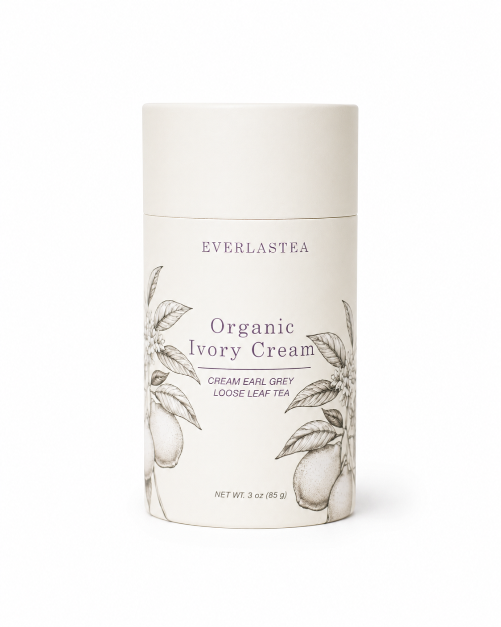 A cylindrical white container of Everlastea Organic Ivory Cream, featuring elegant black botanical illustrations of tea leaves and pods on the label.