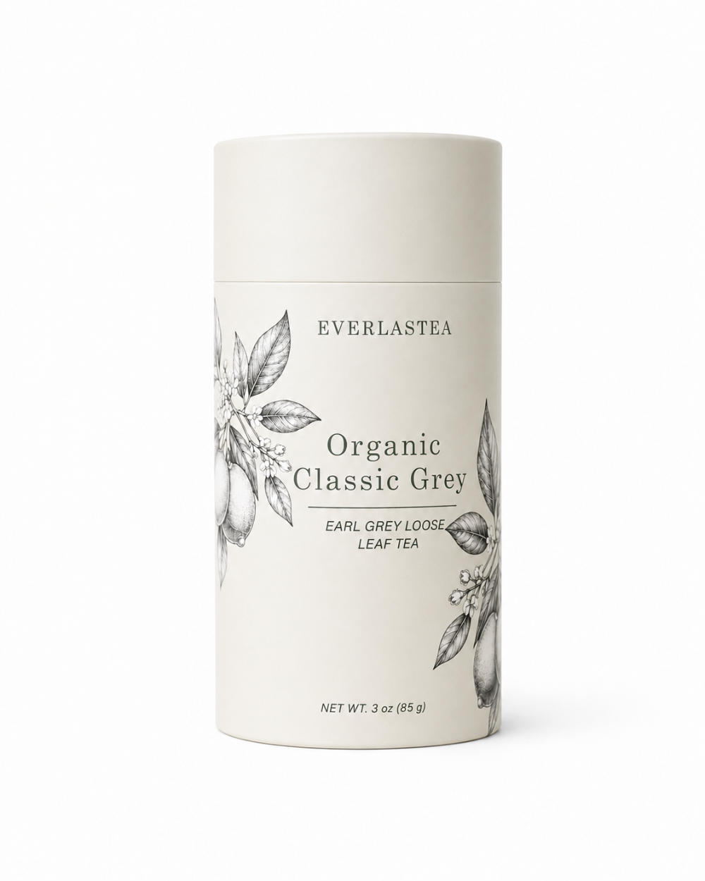 A tall, cylindrical white container of Everlastea Organic Classic Grey leaf tea, featuring black text and delicate botanical illustrations on the front label, set against a clean white background.
