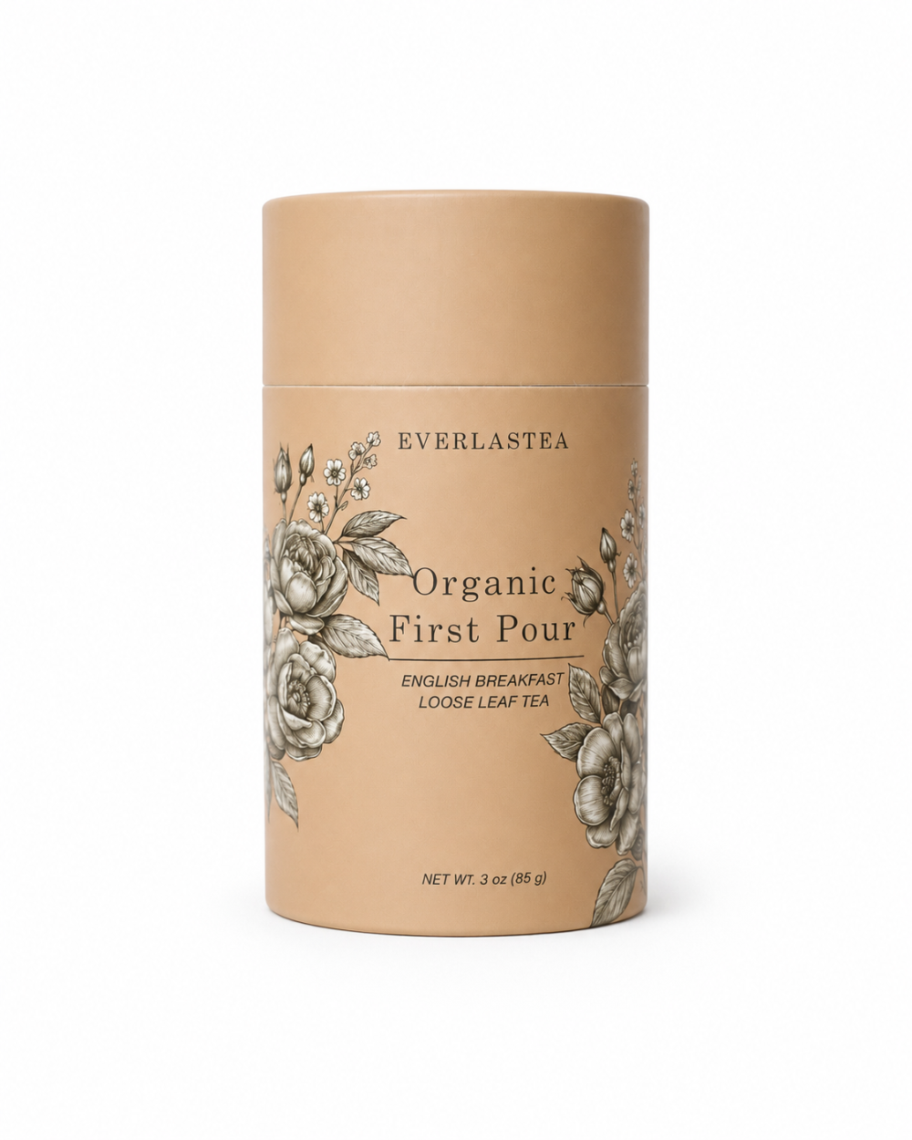 A cylindrical kraft paper tea canister for Everlastea Organic First Pour loose leaf tea, featuring black text and gray floral illustrations, set against a plain white background.