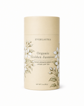 A 3 oz cylindrical cardboard canister of Everlastea Organic Golden Jasmine loose leaf tea, featuring a light beige design with white jasmine illustrations and black text, set against a plain white background.