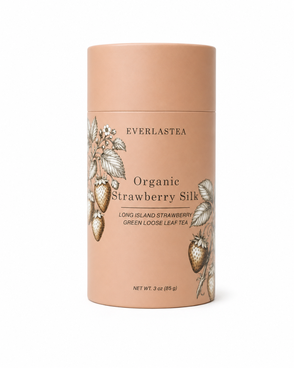 Everlastea Organic Strawberry Silk loose leaf tea in a 3 oz cylindrical cardboard tin with a peach-colored label and strawberry illustrations.