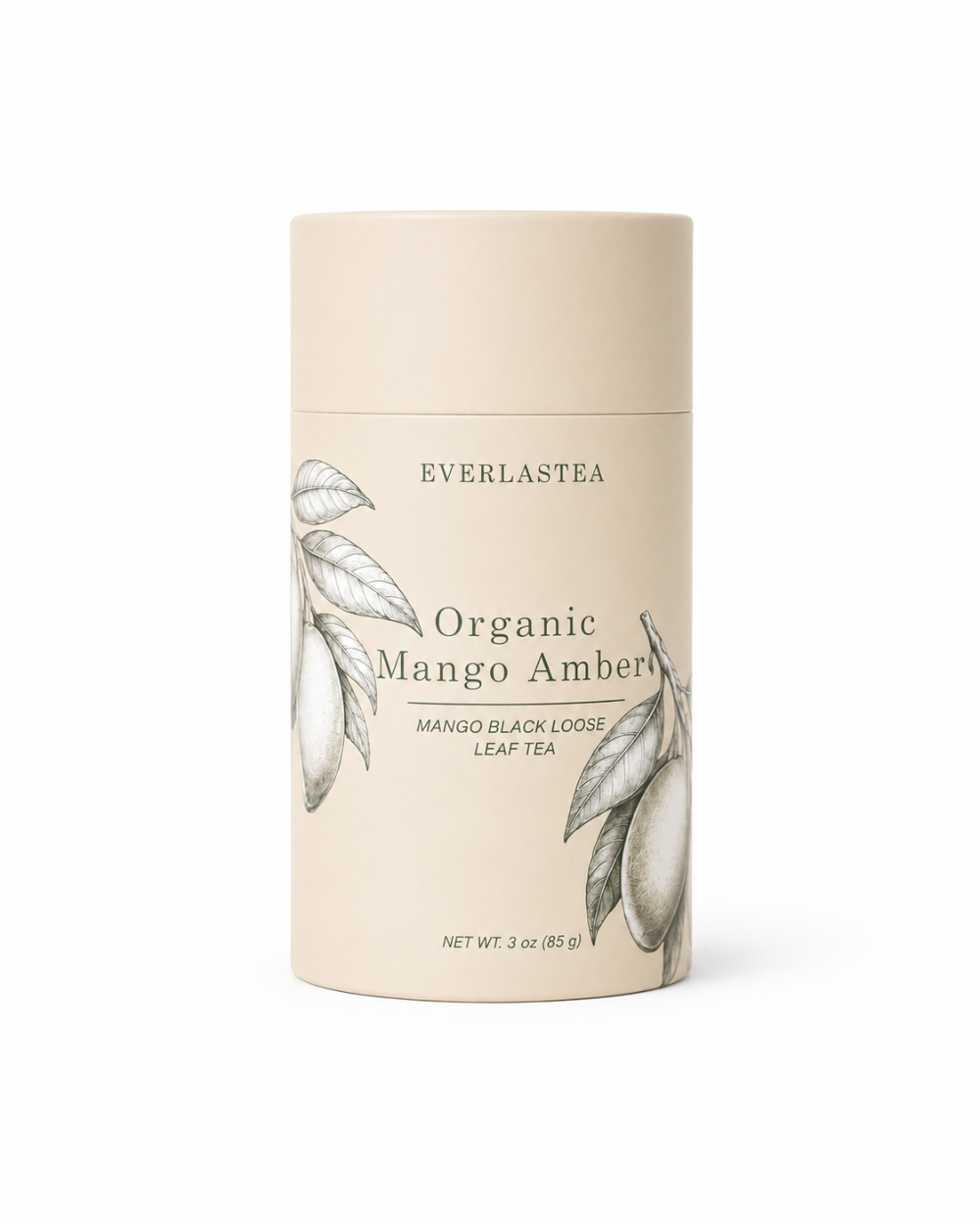 A cylindrical cardboard canister of Everlastea Organic Mango Amber leaf tea, featuring a light beige label with botanical illustrations of mango leaves and a clean white background.