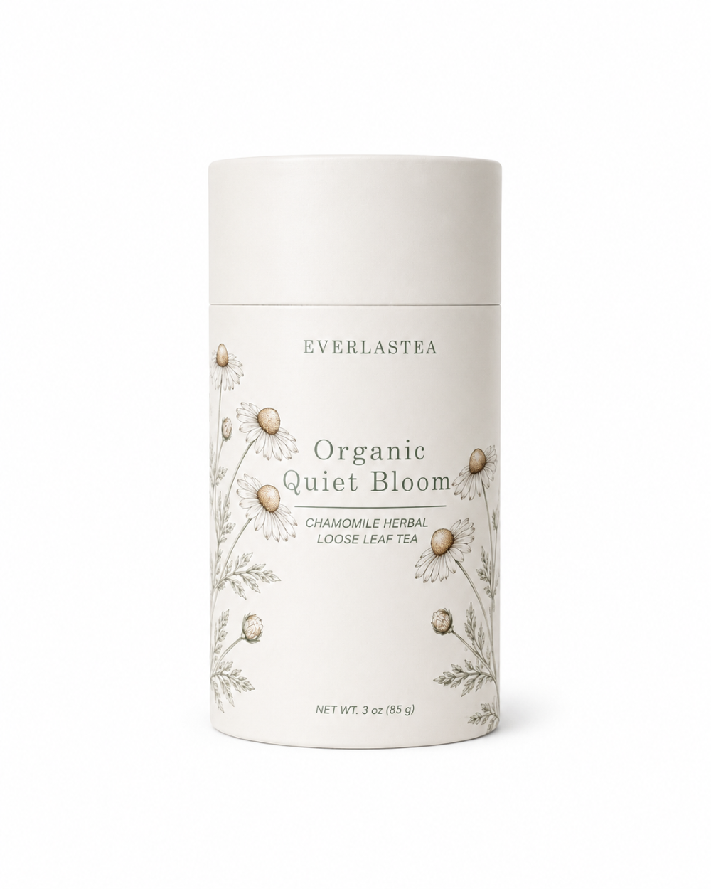 A tall, cylindrical white container of Everlastea Organic Quiet Bloom loose leaf tea, featuring delicate botanical illustrations on the label, set against a clean white background.
