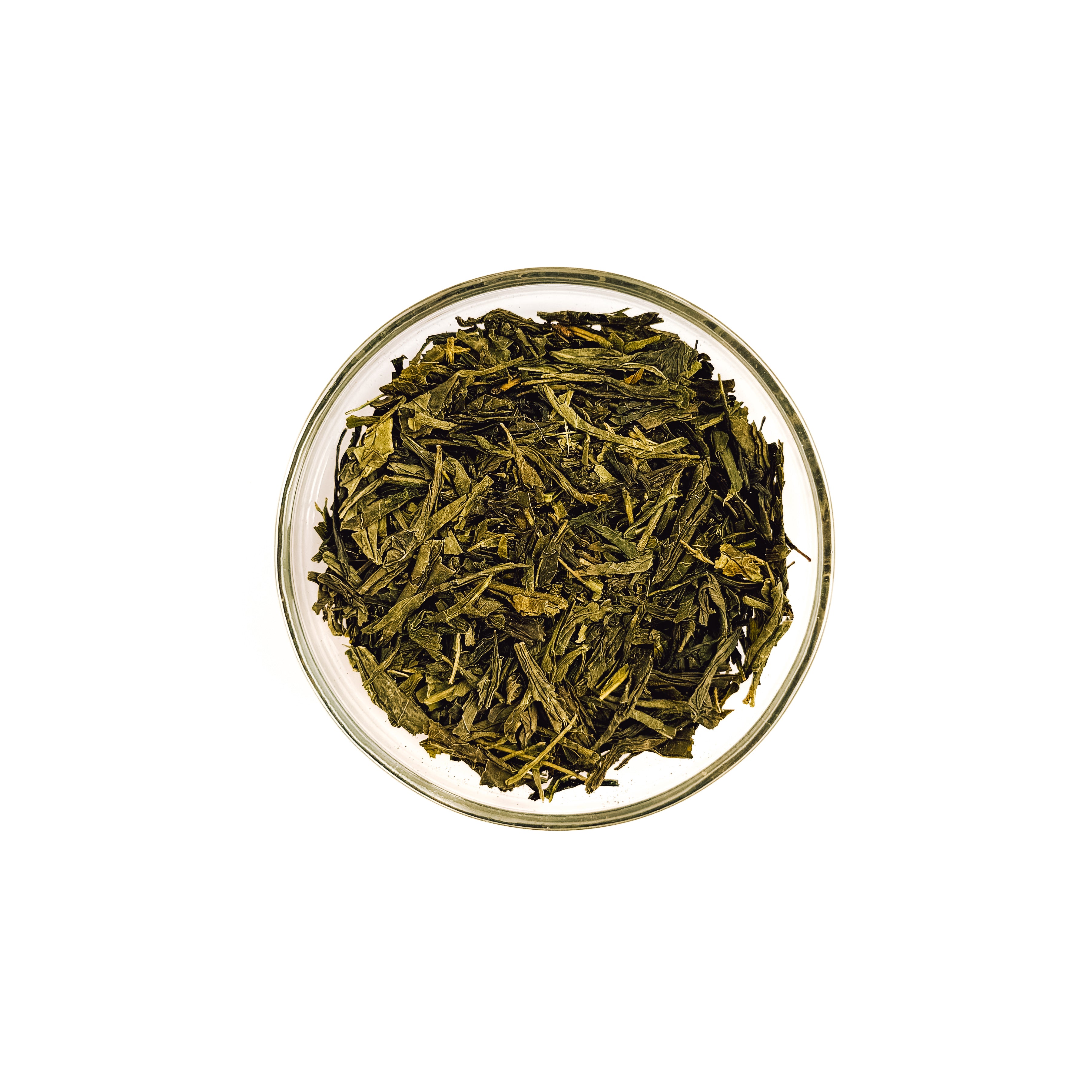 Everlastea Organic Sencha Fuji loose leaf tea in a glass bowl.