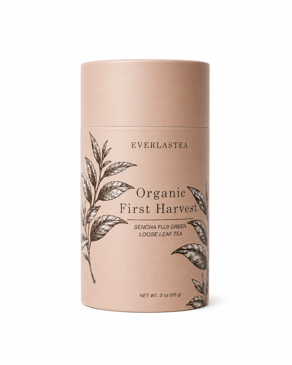 A cylindrical cardboard canister of Everlastea Organic First Harvest Sencha Fugu Green Loose Leaf Tea, shown on a clean white background.