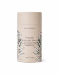 A 3 oz cylindrical cardboard tea for Everlastea Organic Midnight Berry loose leaf tea, featuring a light beige body with black text and botanical illustrations, set against a plain white background.