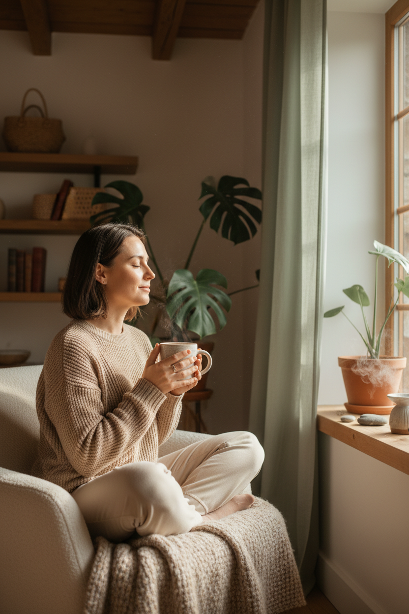 A woman sits cross-legged in a cozy armchair by a window, holding a steaming Everlastea mug. She wears a beige knit sweater and cream pants in a warm, sunlit room with shelves, plants, and a wooden window sill.