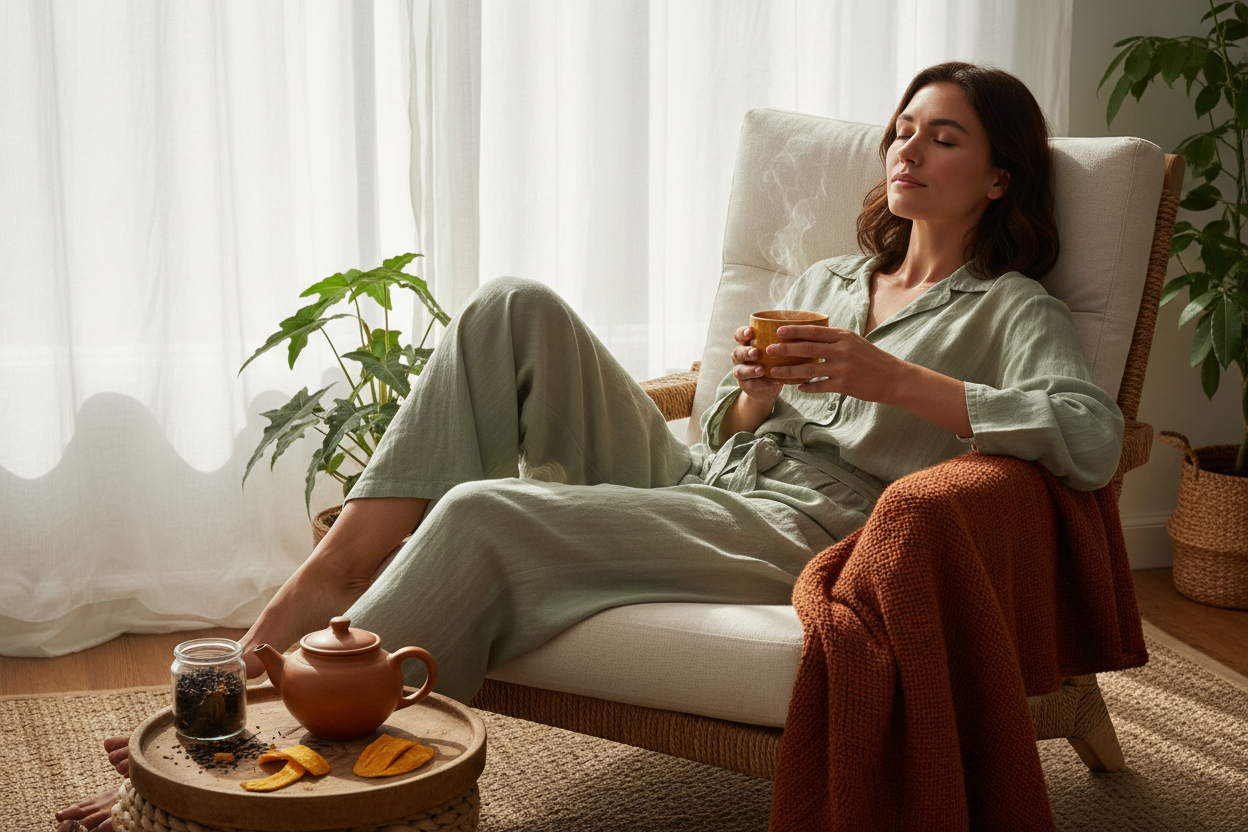 A woman relaxes in a cushioned armchair indoors, wearing a light sage green pajama set and holding a small cup. A terracotta teapot and tea jar sit on a tray beside her, with a rust-colored throw blanket draped over the chair.