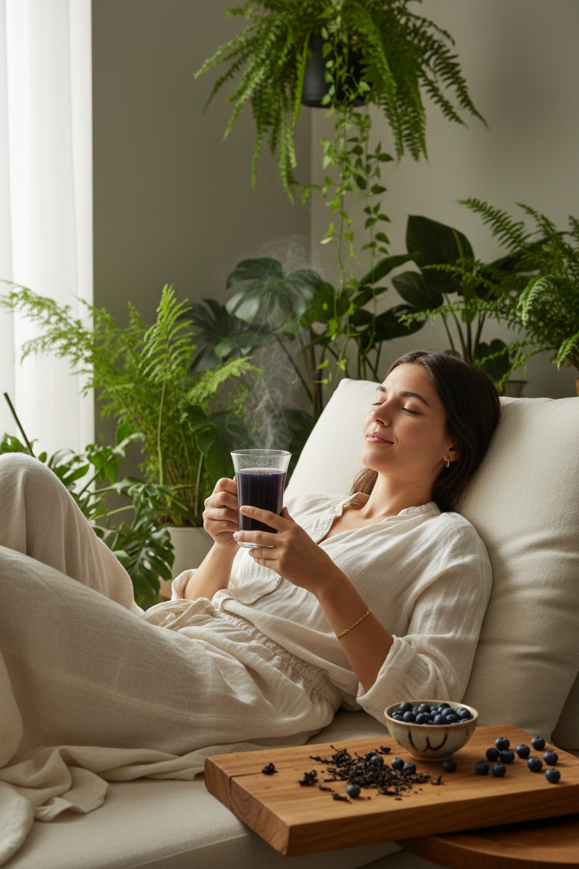 A woman relaxes in a cream-colored lounge chair surrounded by lush green plants, holding a glass of dark Everlastea wild blueberry tea. A wooden tray on the armrest holds blueberries and loose blueberry products.