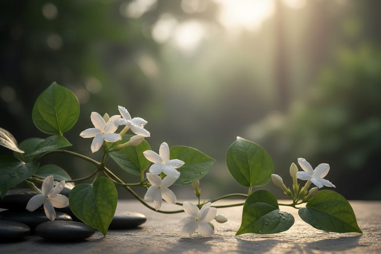 White jasmine flowers with green leaves arranged on a stone surface, with smooth dark stones and a softly blurred outdoor garden background with warm sunlight.