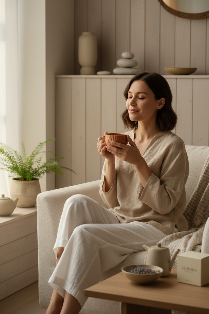 A woman in a beige linen robe sits on a white armchair in a bright, modern living room, holding a small brown ceramic bowl. A wooden side table in the foreground holds a small white teapot and a box.