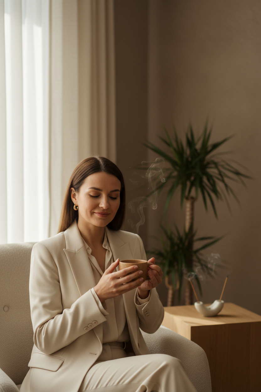 A women in suit drinking green Everlastea tea.